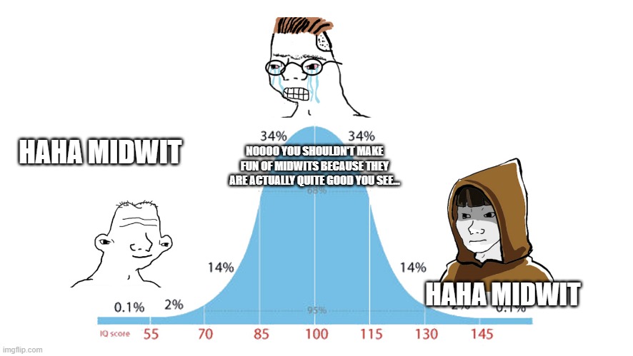 Midwit meme: both ends laugh at midwits, while the middle argues that midwits are being treated unfairly.